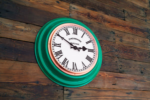Green industrial Synchronome factory clock with copper bezel